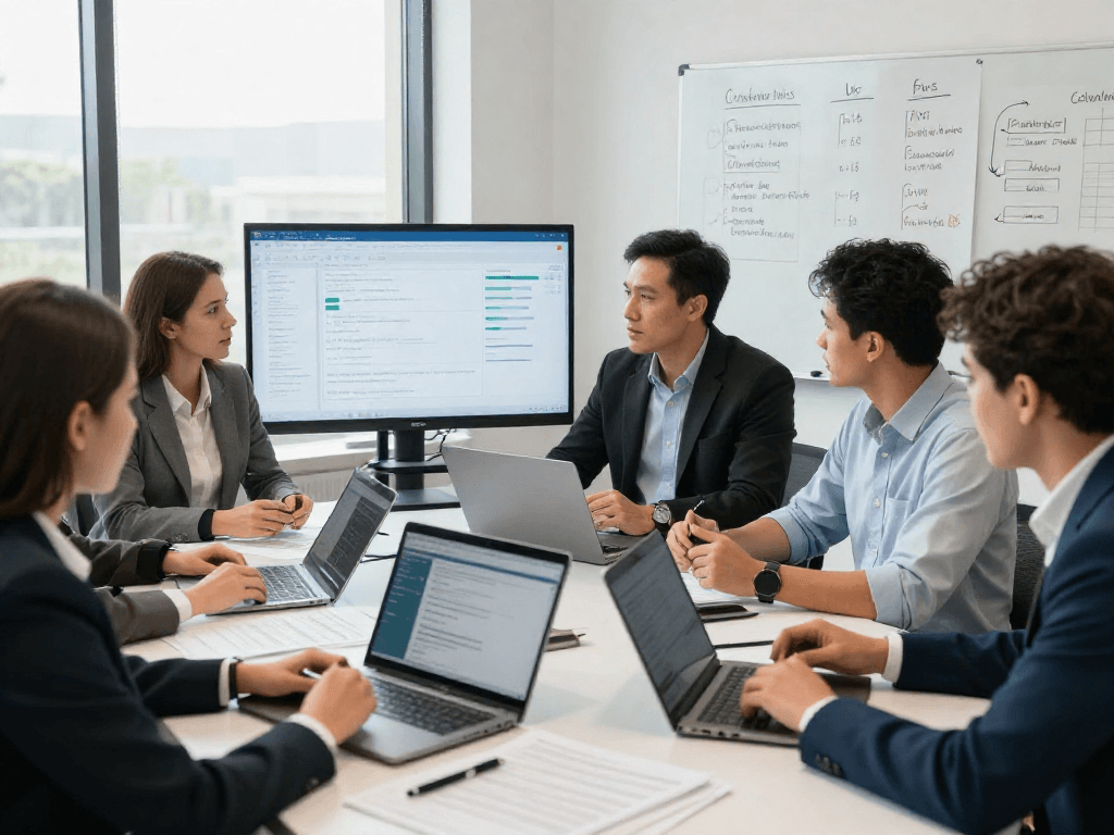Document fraud detection workshop with diverse team collaborating on strategies and software solutions.