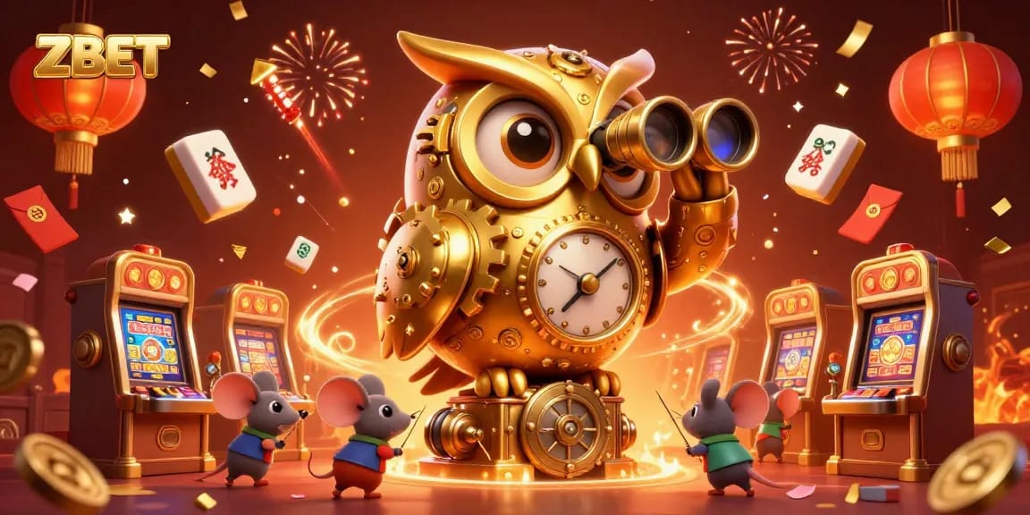Experience ZBET's vibrant casino atmosphere with a golden owl and bustling gaming elements.