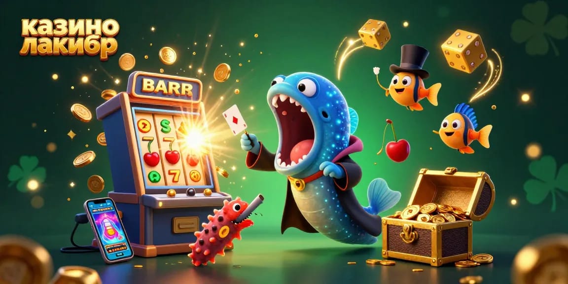Experience the excitement at казино лакибир with a vibrant scene of cartoon sea creatures showcasing magic and casino games.