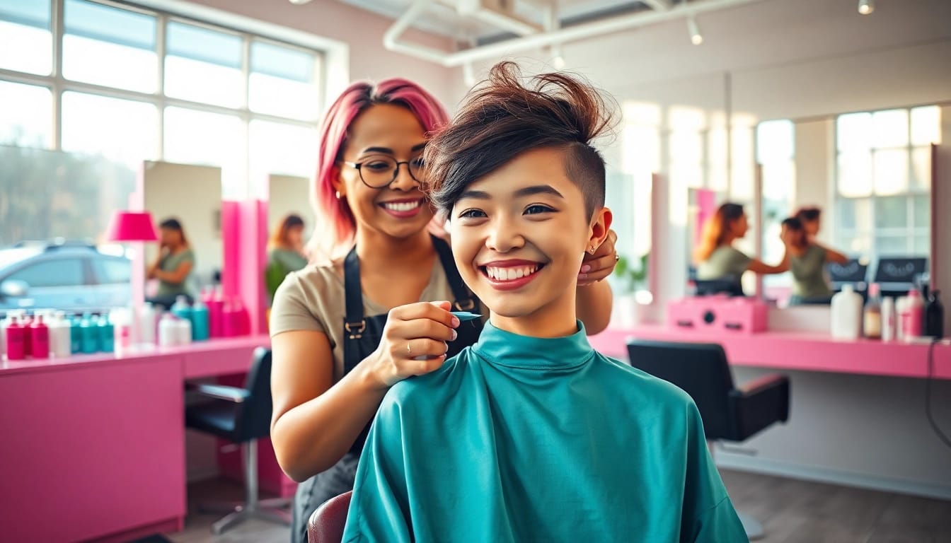Bester Friseur providing a stylish haircut in a modern, vibrant salon environment.