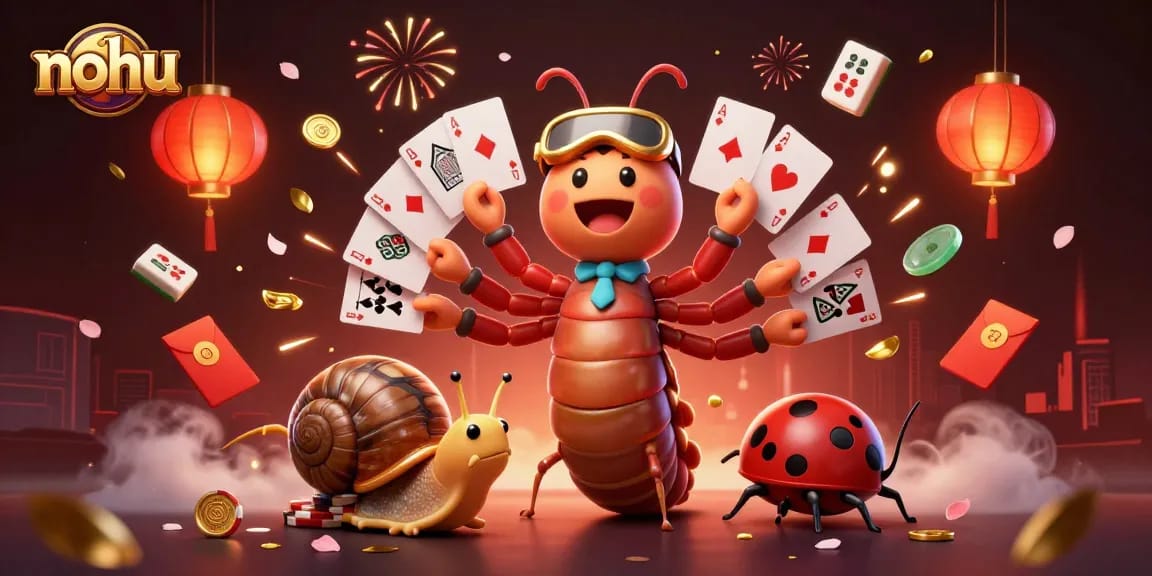 Experience nohu's vibrant casino scene with whimsical characters and a festive atmosphere.