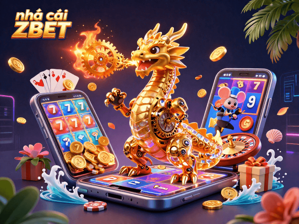 Experience excitement with nhà cái ZBET featuring a golden dragon and vibrant slots in this dynamic casino scene.