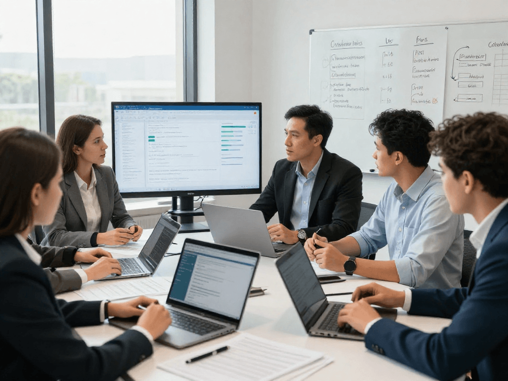 Document fraud detection workshop with diverse team collaborating on strategies and software solutions.