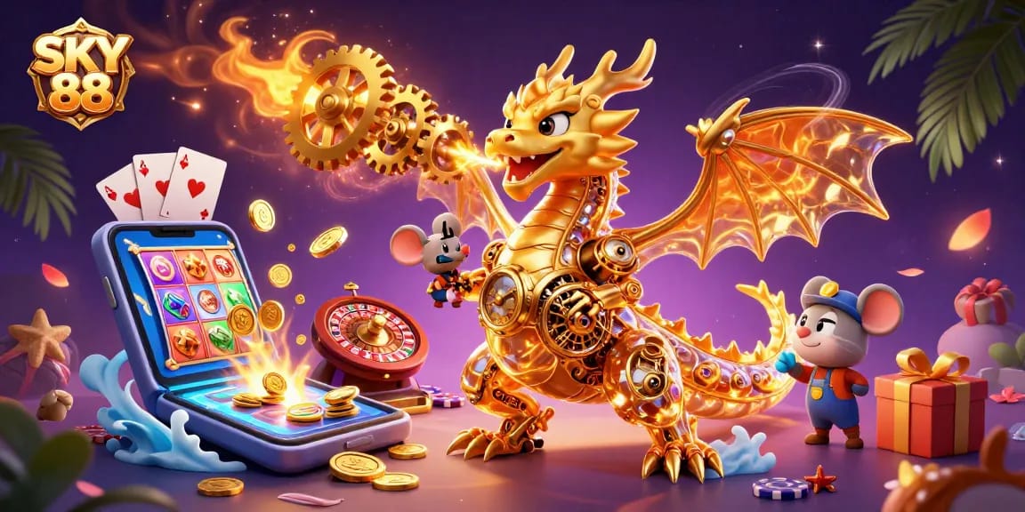 Win big at SKY 88 with a vibrant 3D scene showcasing thrilling casino action!