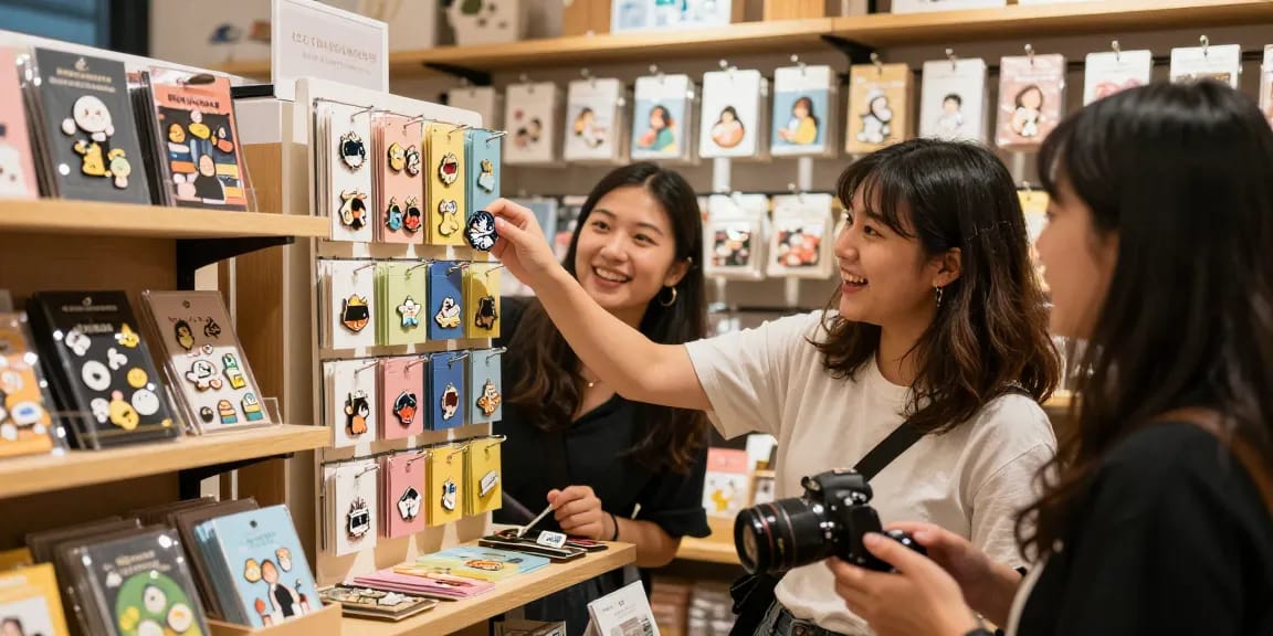 Person joyfully exploring custom enamel pins collection in a vibrant shop.