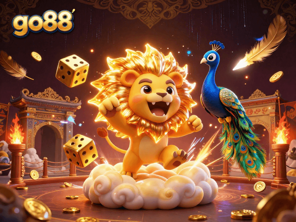Go88 illustration featuring a roaring sun lion with golden dice, capturing the casino excitement.