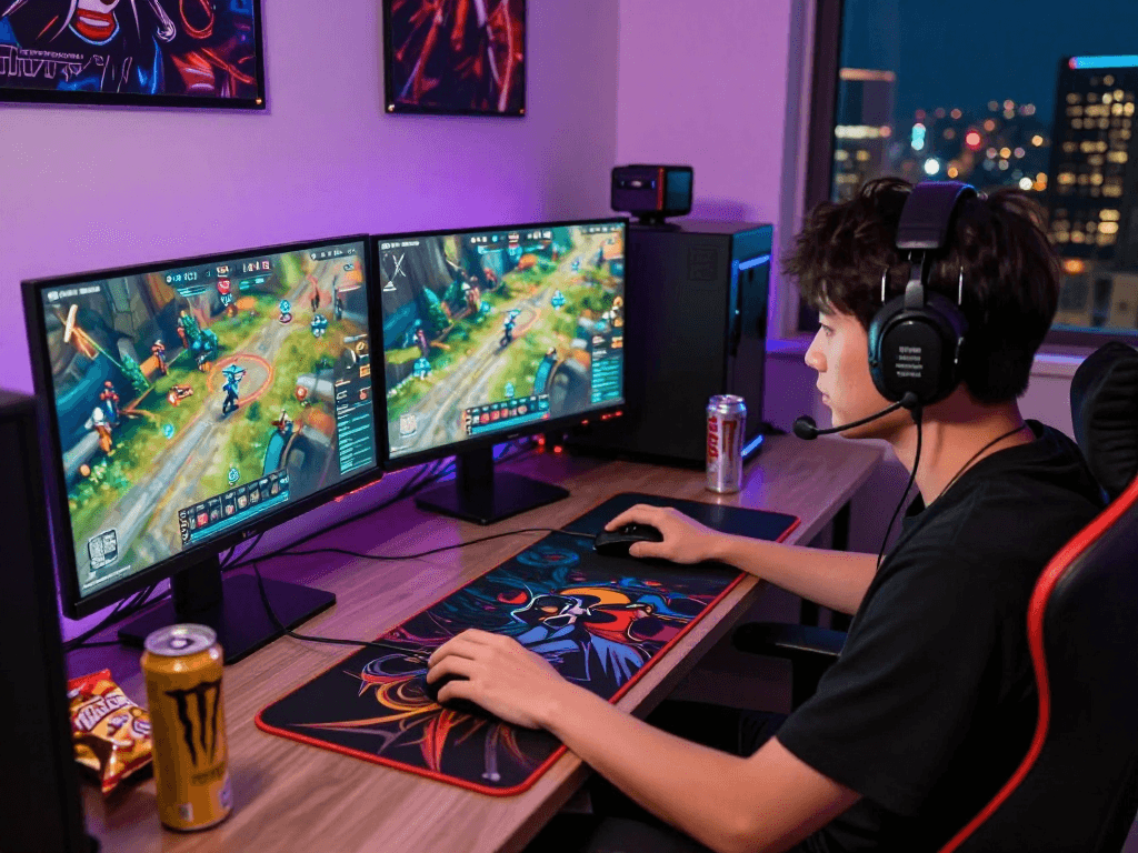 Engaged gamer in a vibrant atmosphere showcasing rokok88 on dual monitors with snacks and LED lighting.