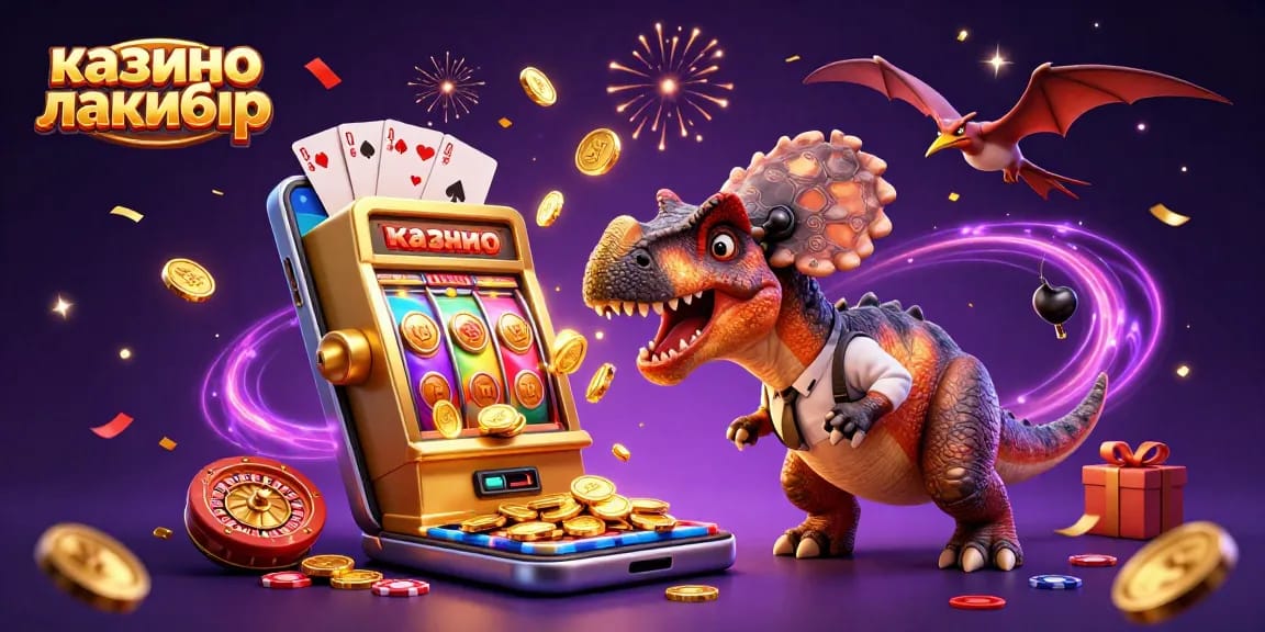 Experience the thrills at казино лакибир with a dynamic illustration of a dinosaur winning coins from a slot machine!