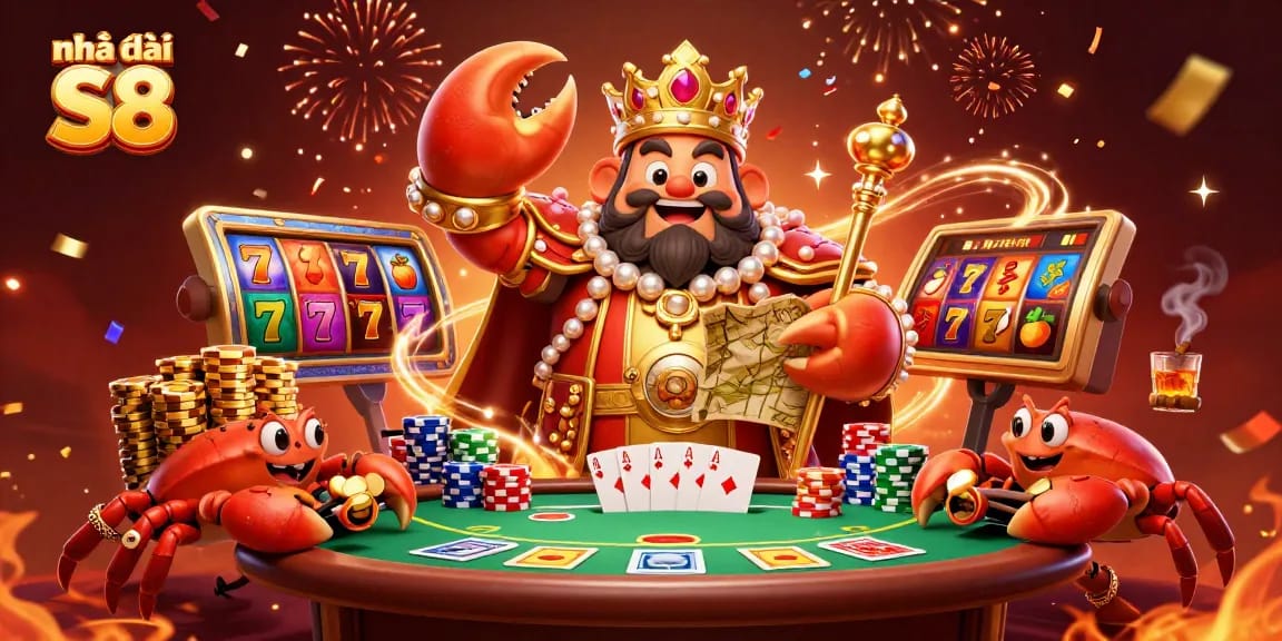 Engage with the riches of Nhà cái S8 through a vibrant 3D casino adventure featuring golden crab and poker elements.