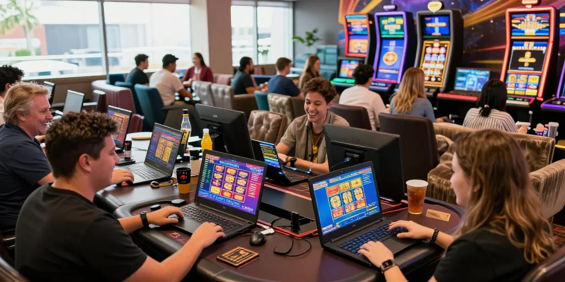 Players enjoying diverse games at credit card casinos featured on https://bhma.org.uk with vibrant decor and friendly atmosphere