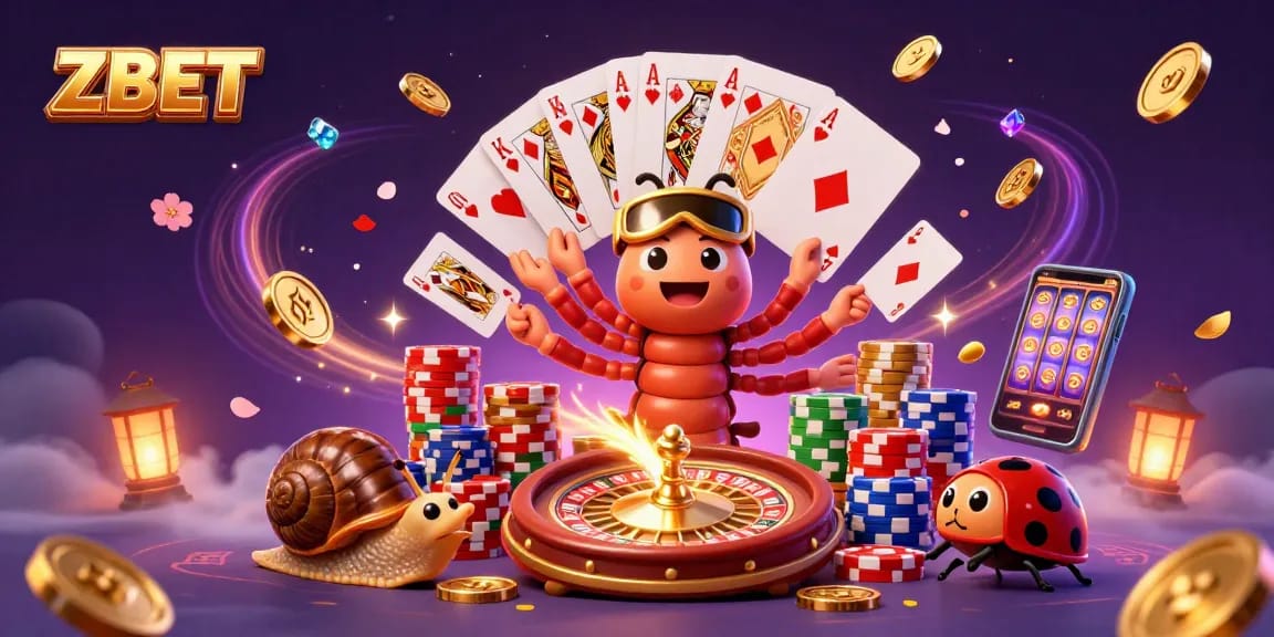 ZBET Casino features a millipede dealer and high-rolling snail with massive chips in an energetic casino scene.