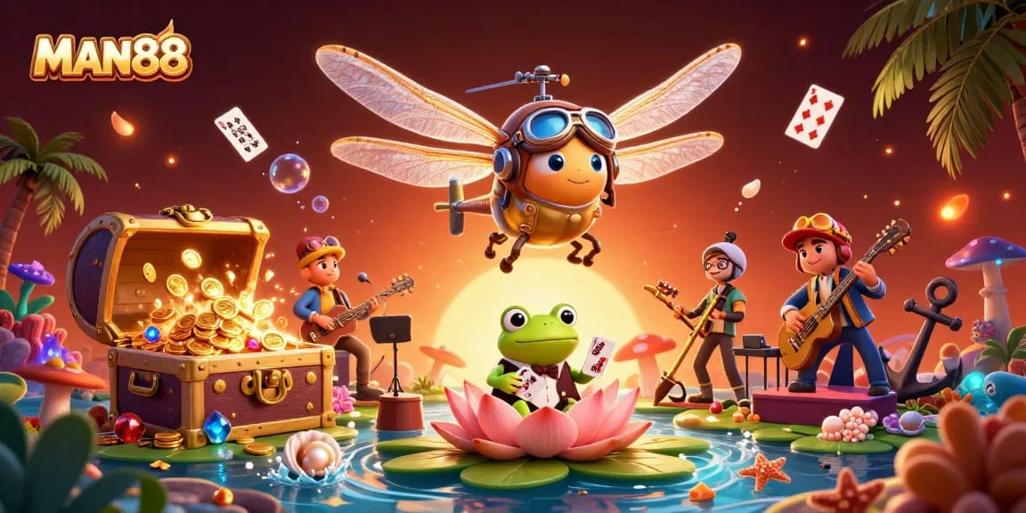 MAN88 Casino: Join the fun as a frog croupier deals cards amidst a dragonfly pilot and jazz musicians.
