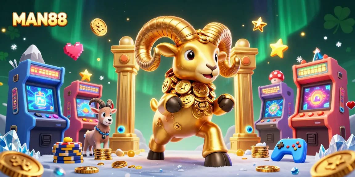 Experience thrills at MAN88 with a dynamic scene featuring a golden ram charging through a casino gateway.