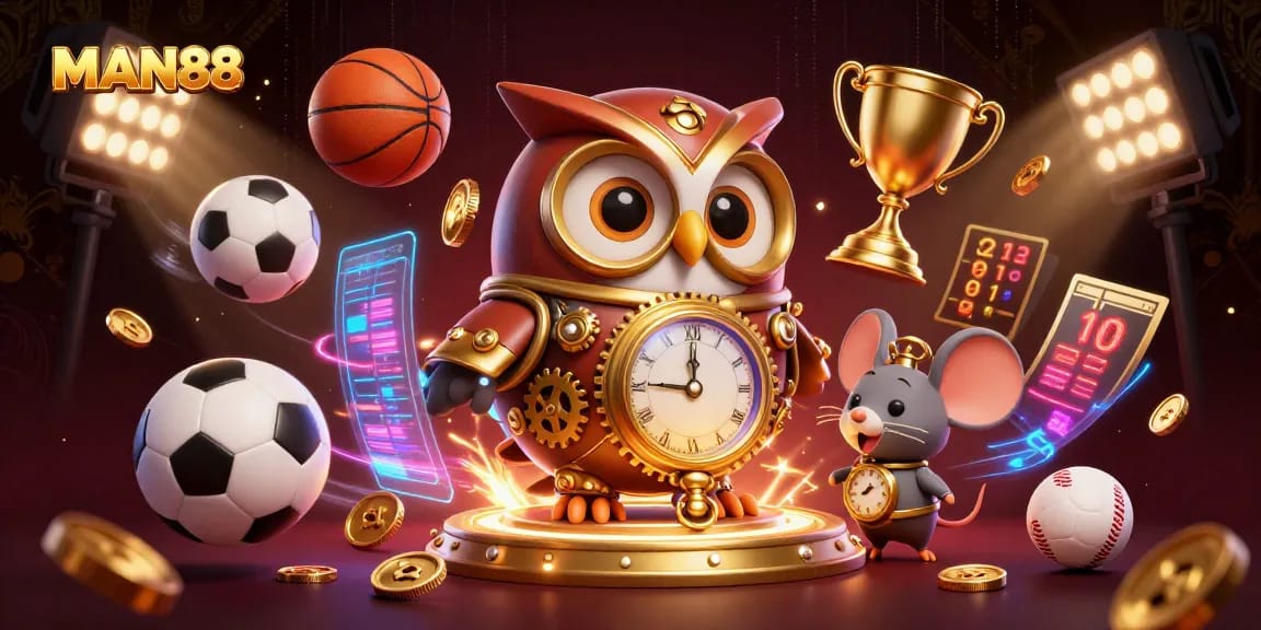 Engage with MAN88's dynamic gaming adventure illustrated through a 3D scene of a time-traveling owl and casino elements.
