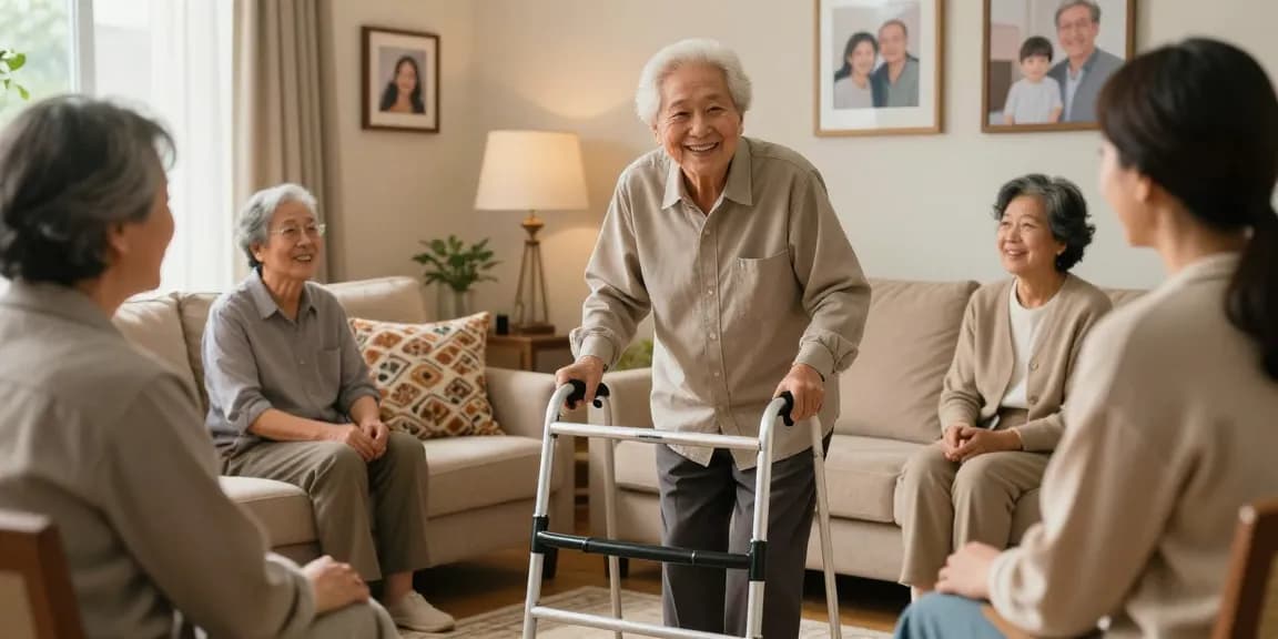 Buy nobility aids while a family supports an elderly member using mobility assistance at home.