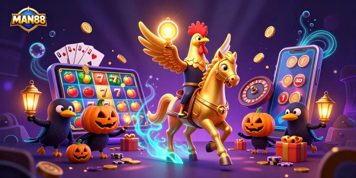 Engage in thrilling games at MAN88 with a vibrant casino atmosphere showcasing golden rooster and playful elements.