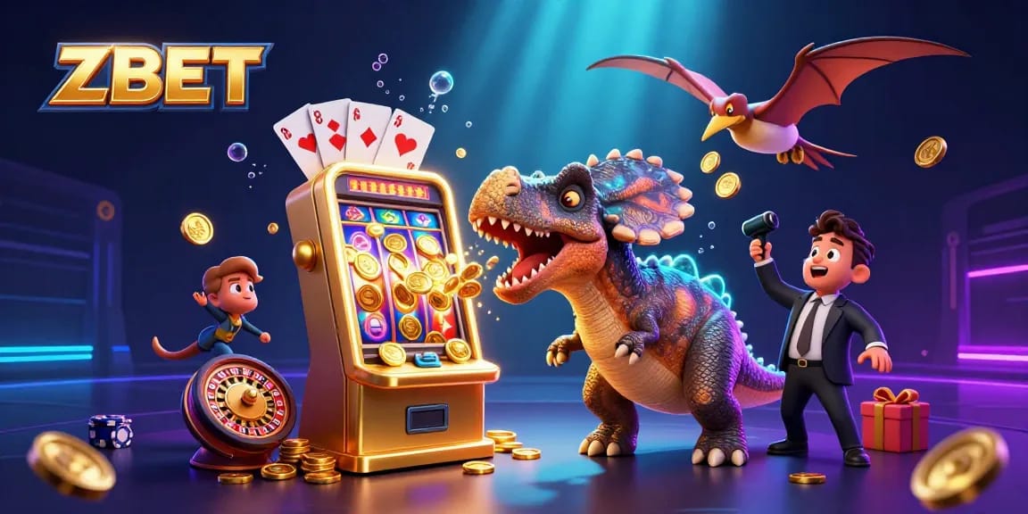 ZBET players enjoy jackpot wins as dinosaur characters unleash coins from a golden slot machine