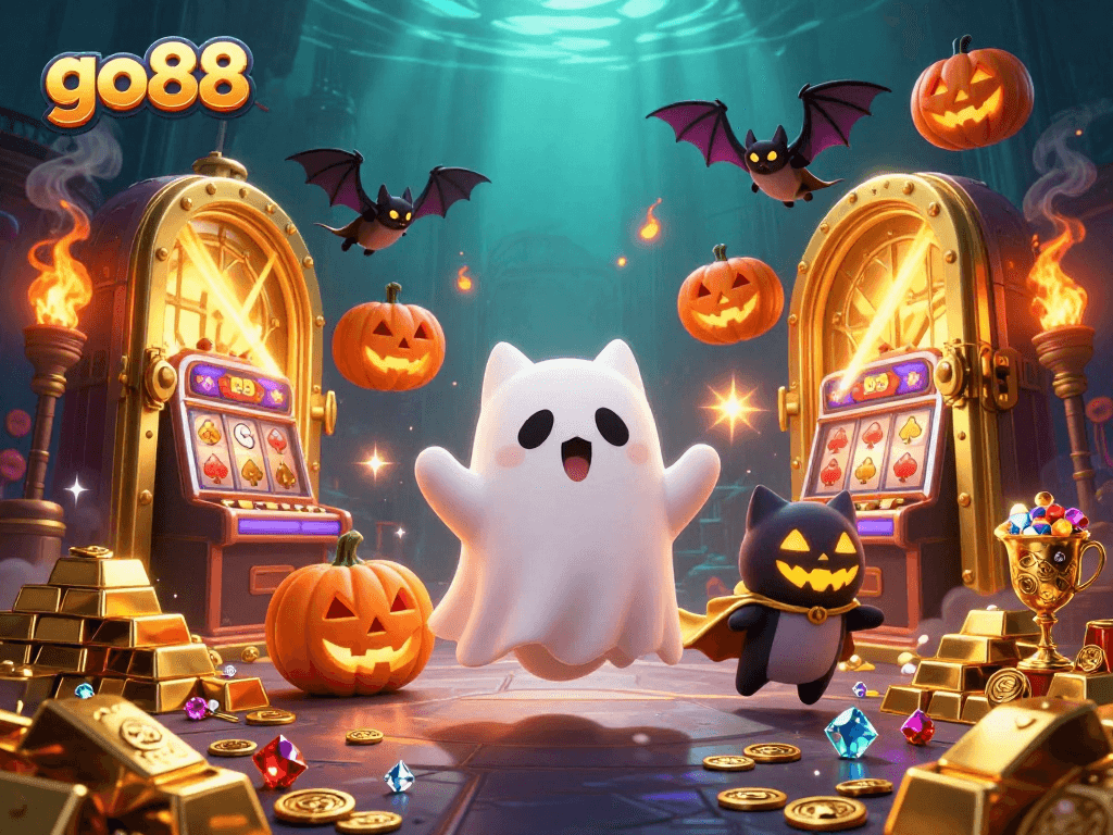 Experience thrilling gameplay with go88 in a haunted casino, featuring a ghost cat and treasure!