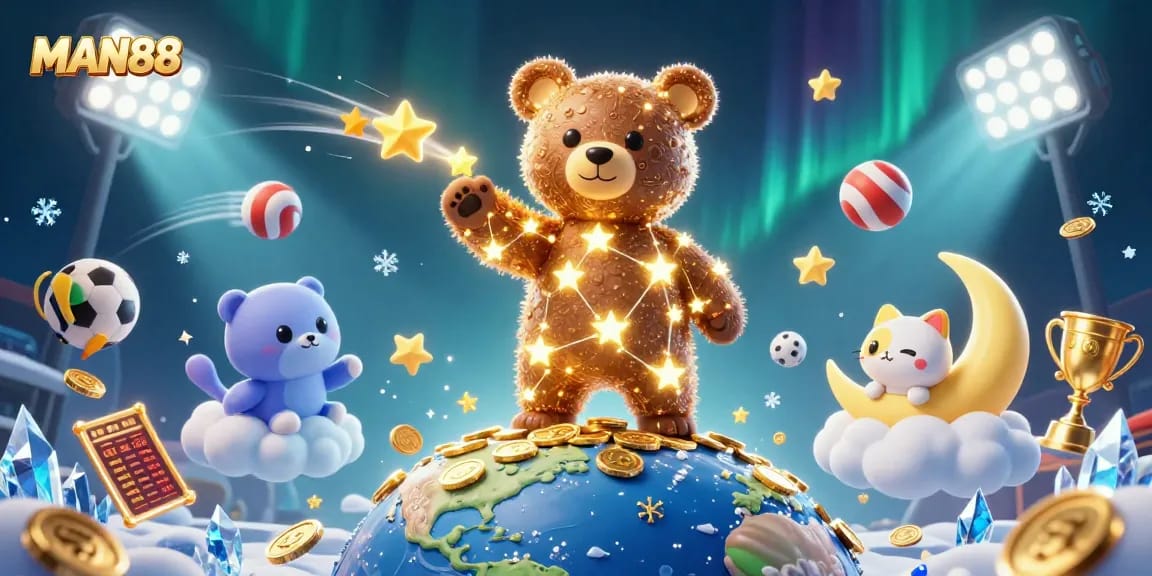 Experience thrilling gameplay with MAN88 as a celestial bear collects golden coins amidst vibrant sports elements.