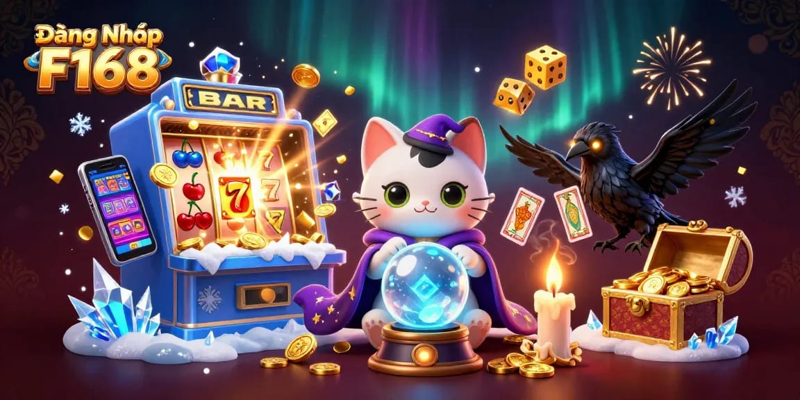 Engaging illustration showing Đăng Nhập F168 with a mystic cat, raven, and vibrant casino elements.