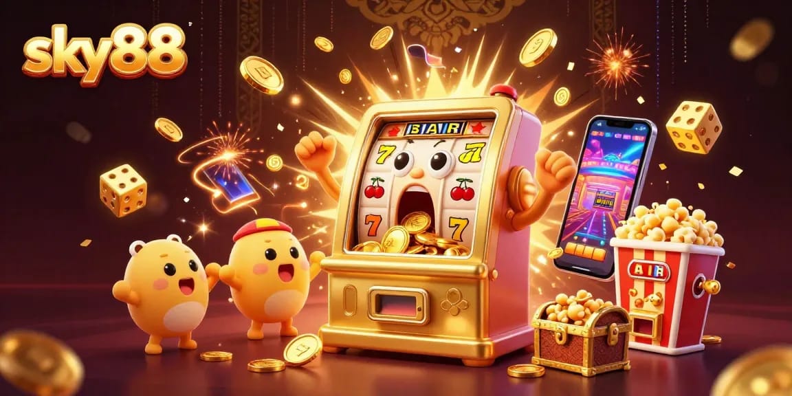 Experience the thrill of sky88 as the golden slot machine hits a jackpot, spilling coins and excitement!