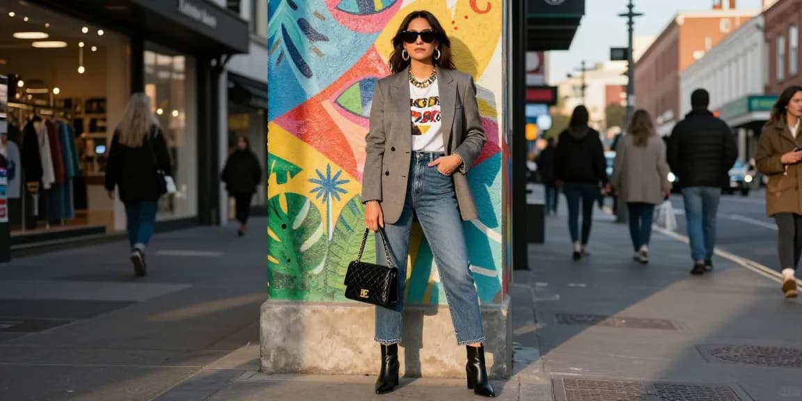 Chic women's fashion outfit featuring a tailored blazer, high-waisted jeans, and stylish accessories in an urban setting.