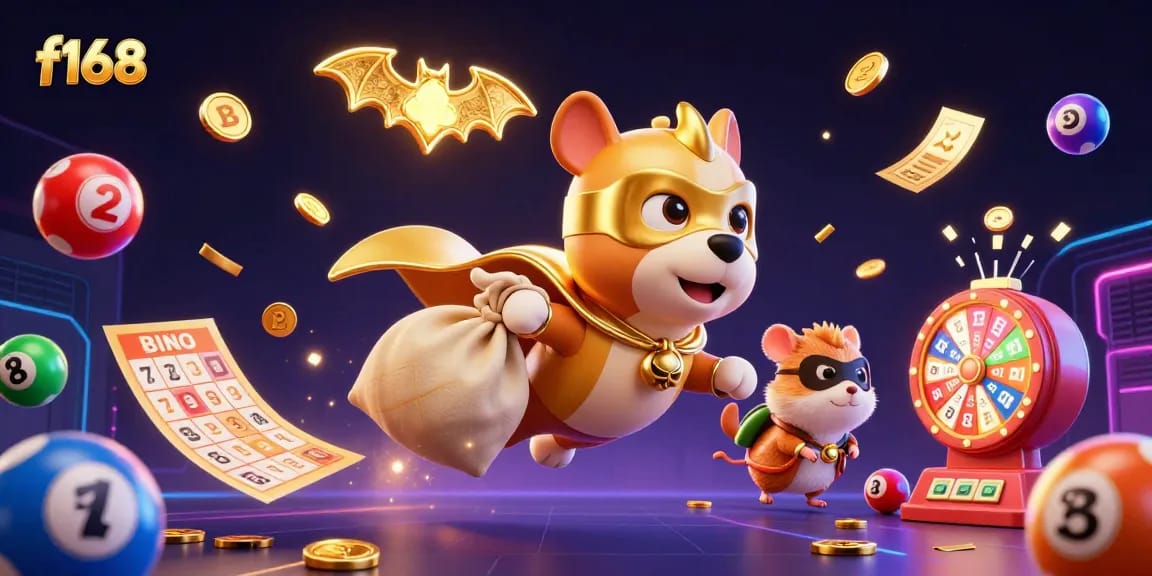 f168 boosts your gaming experience with the superhero dog and colorful lottery elements.