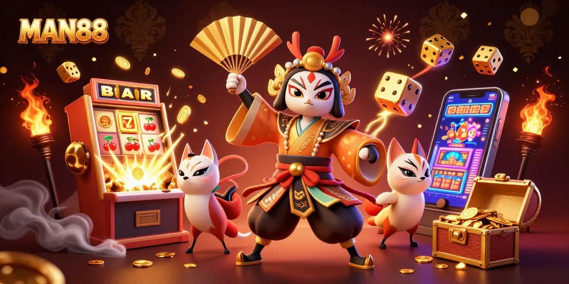 Engage in thrilling gaming activities at MAN88 with a vibrant 3D casino scene.