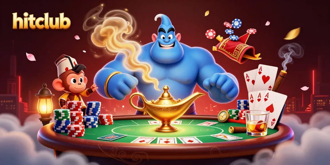 Engage in exciting games at Hitclub, featuring the muscular genie and poker elements in a vibrant casino scene.