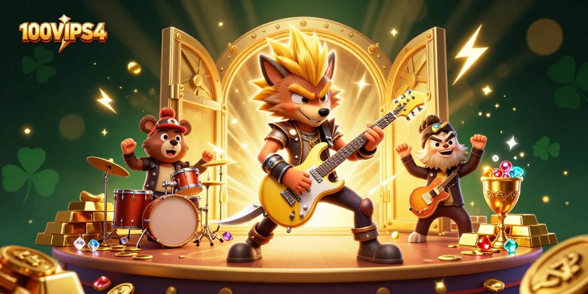 Shred with 100VIPS4: A rock star wolf energizes a casino stage amid sparkling gold treasures.