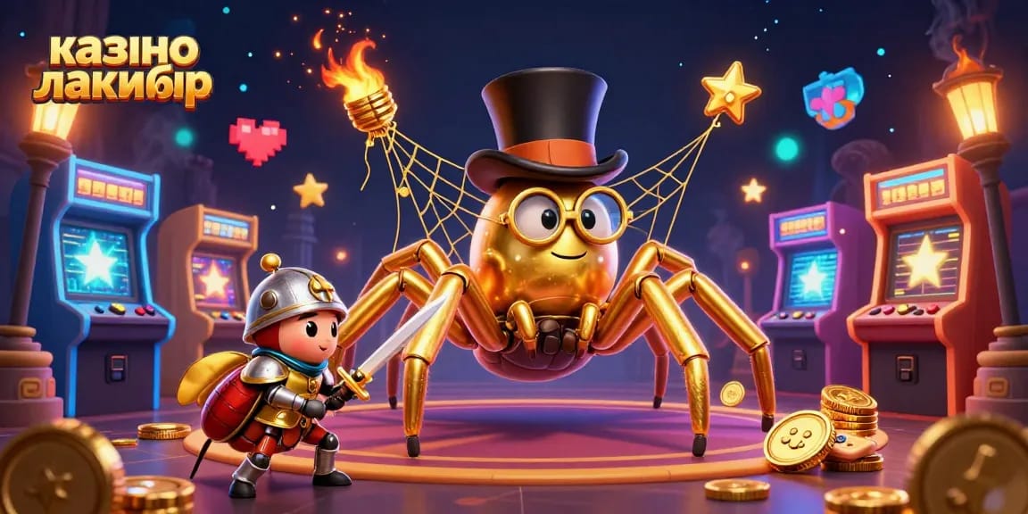 Join the excitement at казино лакибир with a vibrant scene of a golden tarantula and beetle knight amidst glowing gaming elements.