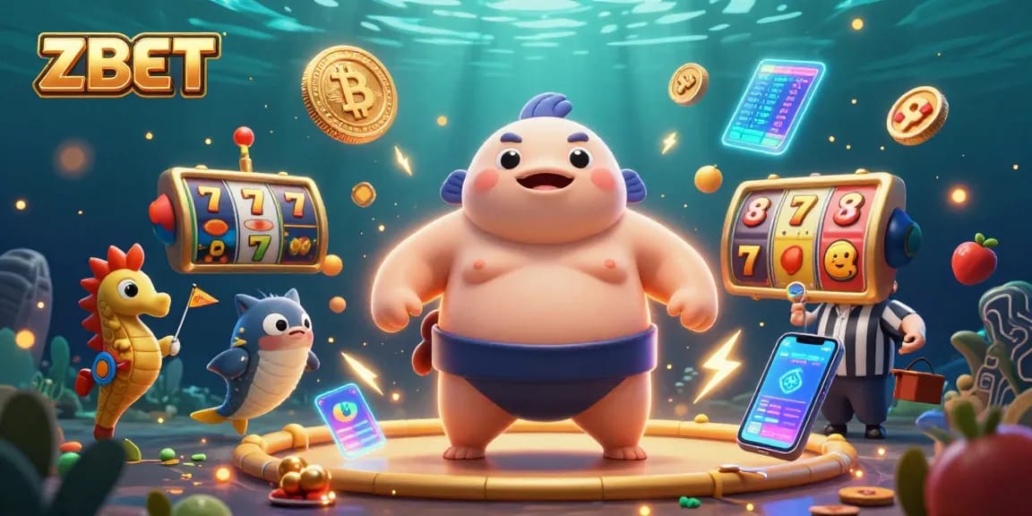 ZBET's vibrant and engaging underwater casino scene with animated characters and exciting slot game elements.