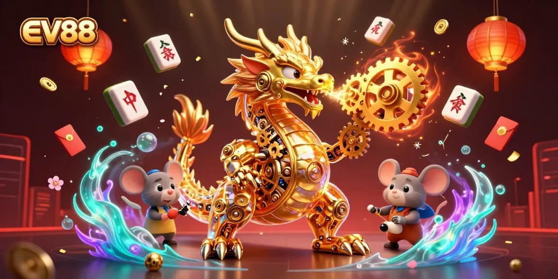 Experience the excitement of EV88 with a vibrant 3D illustration capturing casino action featuring a golden dragon.