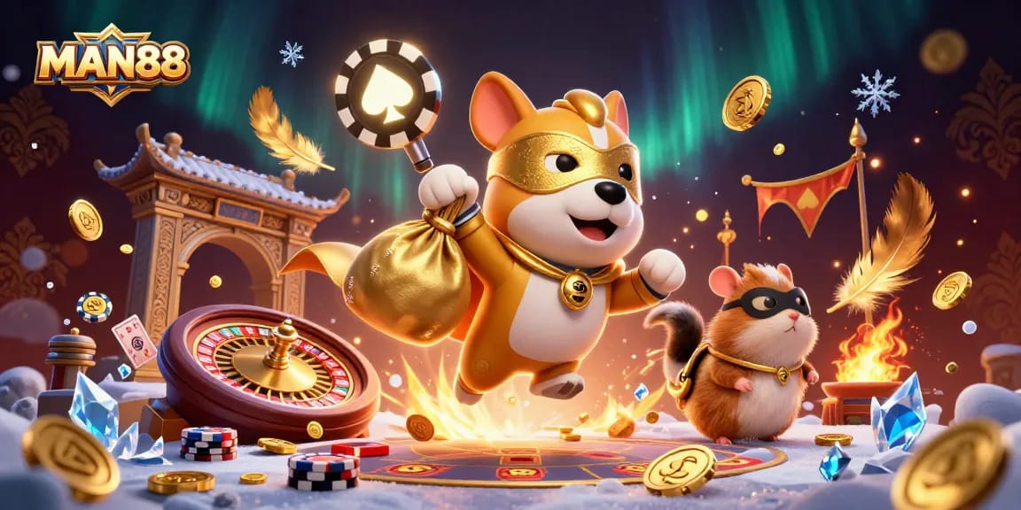 Experience ultimate gaming opportunities at MAN88 with vibrant casino elements and dynamic characters.