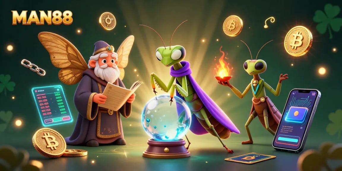 Engage with MAN88's mystical 3D scene, featuring a fortune teller, moth librarian, and crypto coins.
