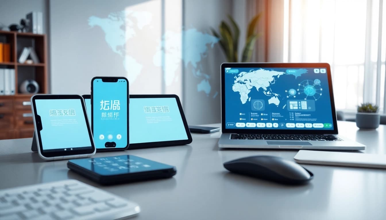 快连官网 app displayed on multiple devices in a modern tech workspace, symbolizing high-speed internet connectivity.