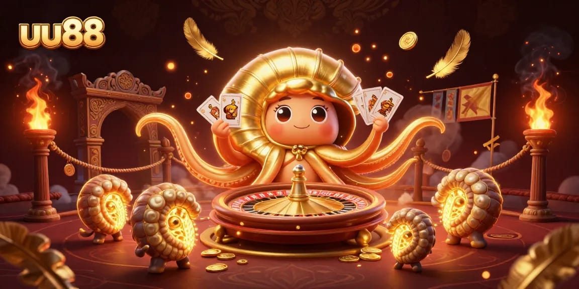 Experience thrilling gameplay with uu88's unique nautilus character showcasing cards and roulette wheel.