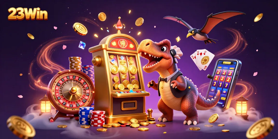 Experience thrilling jackpots at 23Win with a lively casino scene featuring cartoon dinosaurs and winning elements.