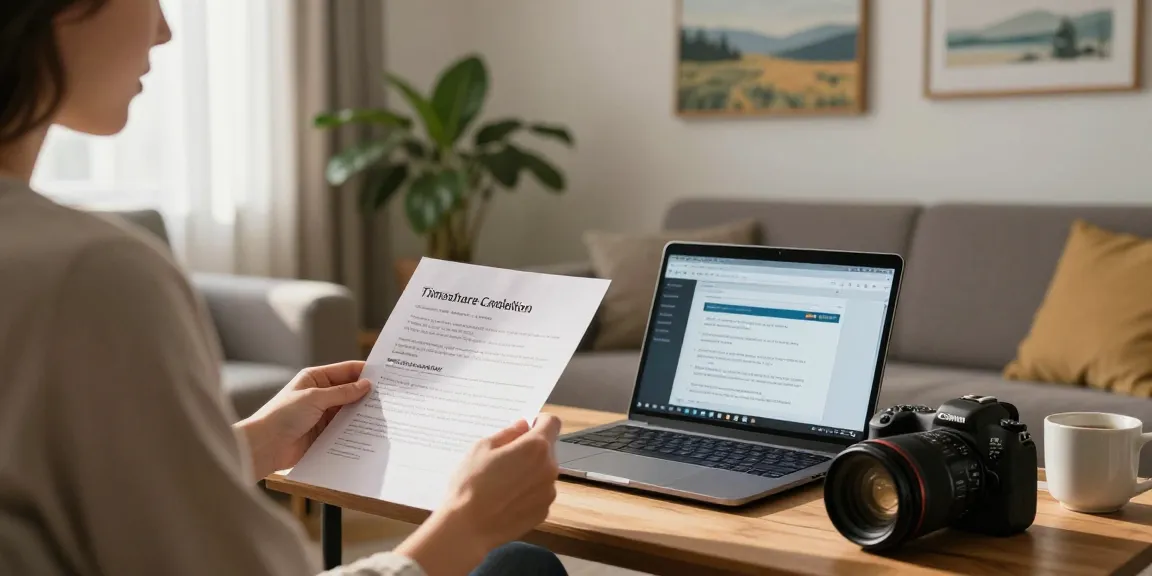 Individual in a cozy living room reviewing paperwork to cancel timeshare.