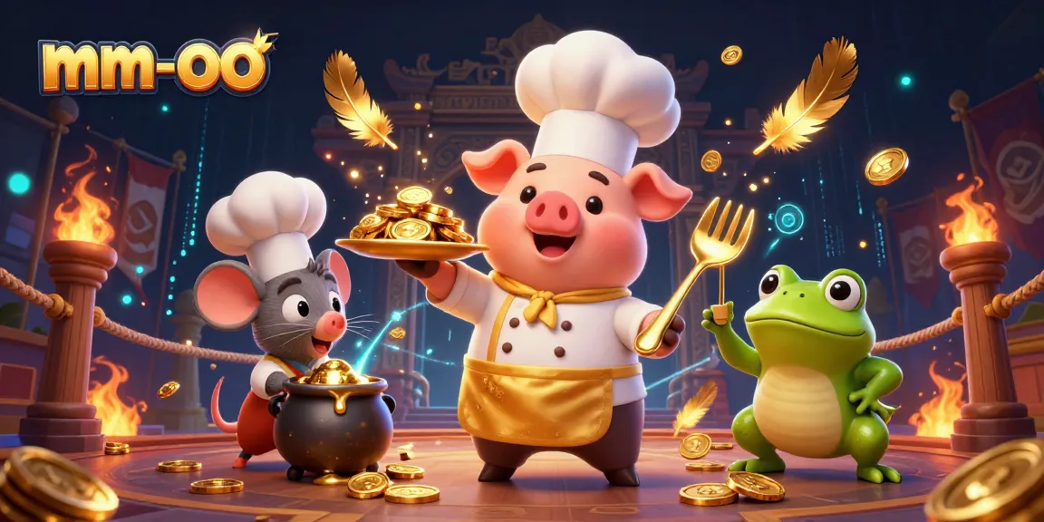 Culinary gold delivery by mm-oo, featuring a chef pig, sous-chef mouse, and critic frog in an energetic casino scene.