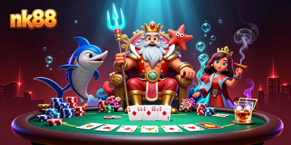 Engage in thrilling games at nk88 with a vibrant underwater theme featuring Neptune.