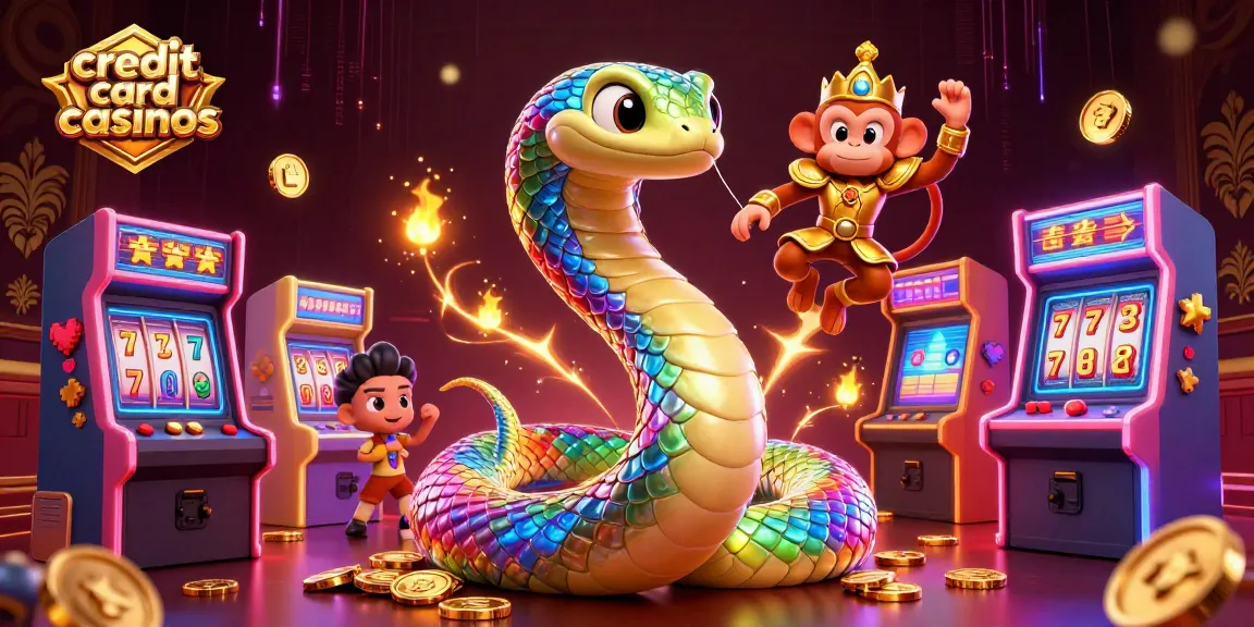 Engage in thrilling adventures at credit card casinos, featuring vibrant gaming elements and characters.