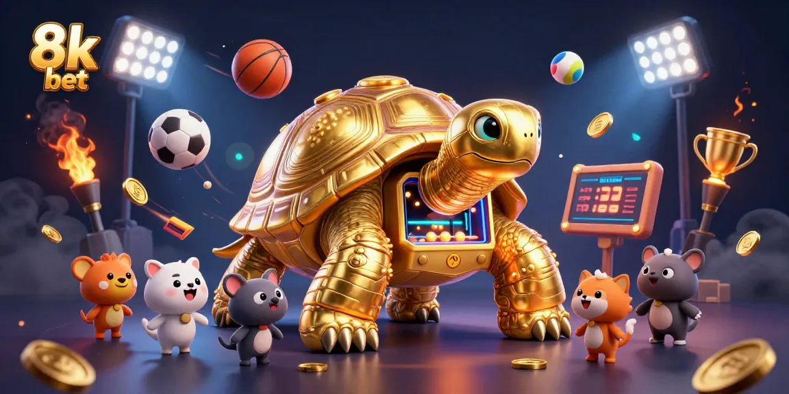 Experience thrilling games at 8k bet with dynamic sports betting elements swirling around a golden tortoise.