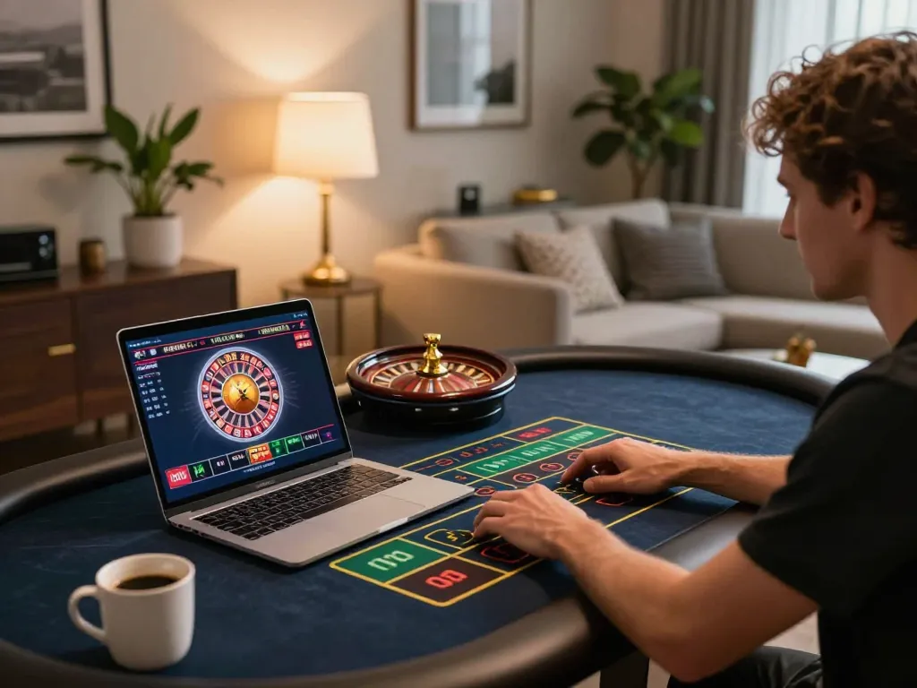 VA88 player engaging in live roulette from home desk with laptop and warm lighting