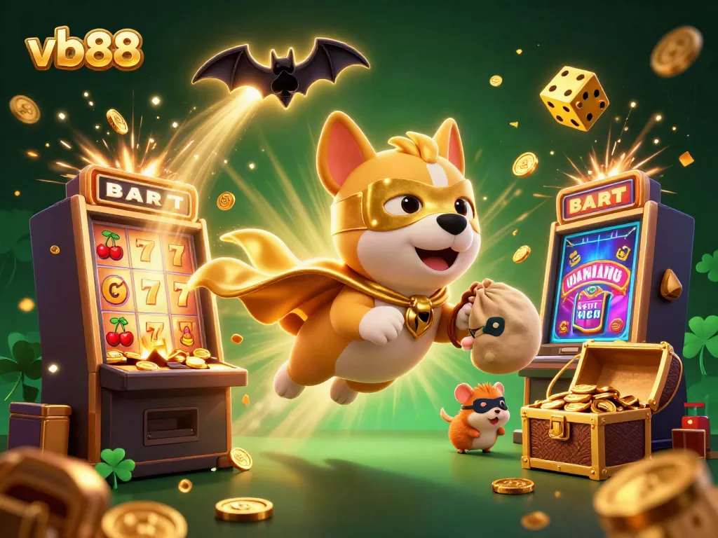 Experience the excitement of vb88 with a superhero dog and a hamster flying amidst casino elements.