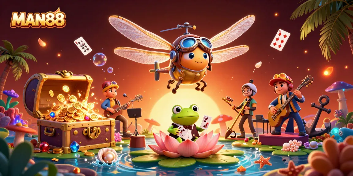 MAN88 Casino: Join the fun as a frog croupier deals cards amidst a dragonfly pilot and jazz musicians.