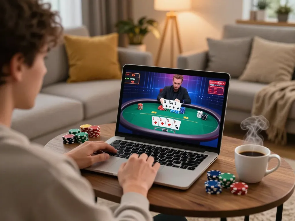 Player enjoying online poker on their laptop while gaming with sx88 in a cozy living room.