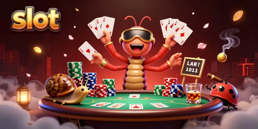 Engaging slot gameplay scene featuring a millipede dealer, snail high-roller, and excited pill bug.