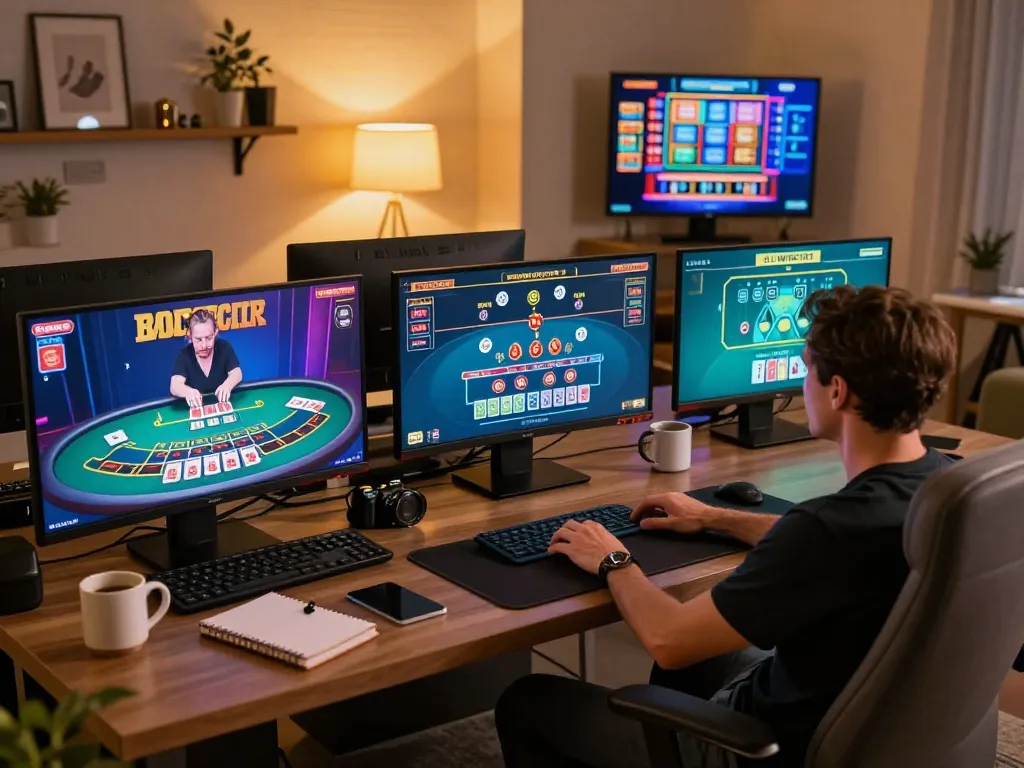 Player enjoying dynamic online games at home with net88 casino, engaging in blackjack and slots action