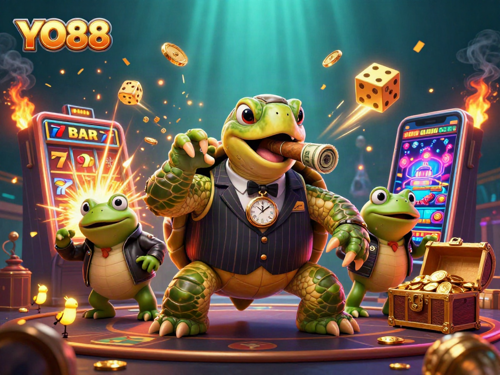 Experience excitement at YO88 with the lively 3D cartoon casino scene featuring a giant turtle and energetic bullfrogs.